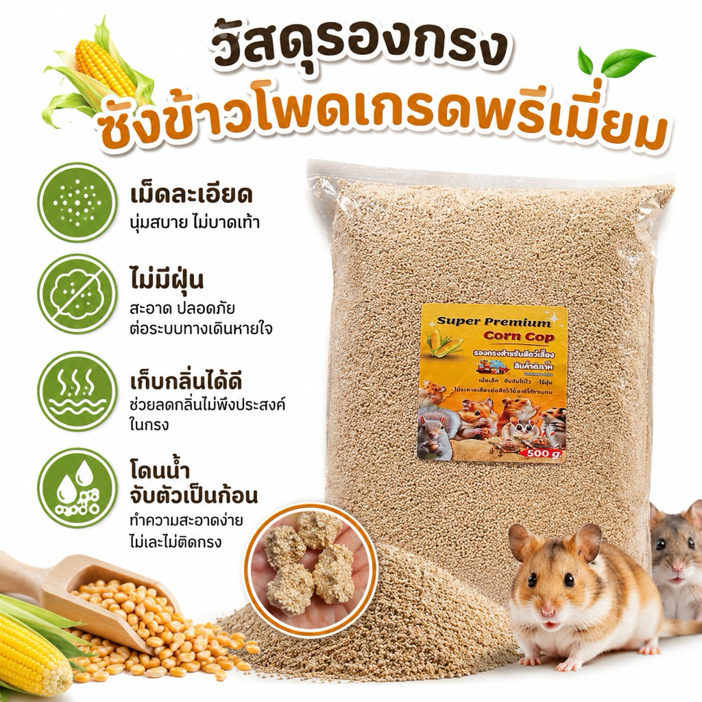 ซังข้าวโพดรองกรงสัตว์เลี้ยง 500 กรัม เกรดพรีเมียม ซึมซับดี ไม่มีกลิ่น สำหรับแฮมสเตอร์ เม่น กระต่าย