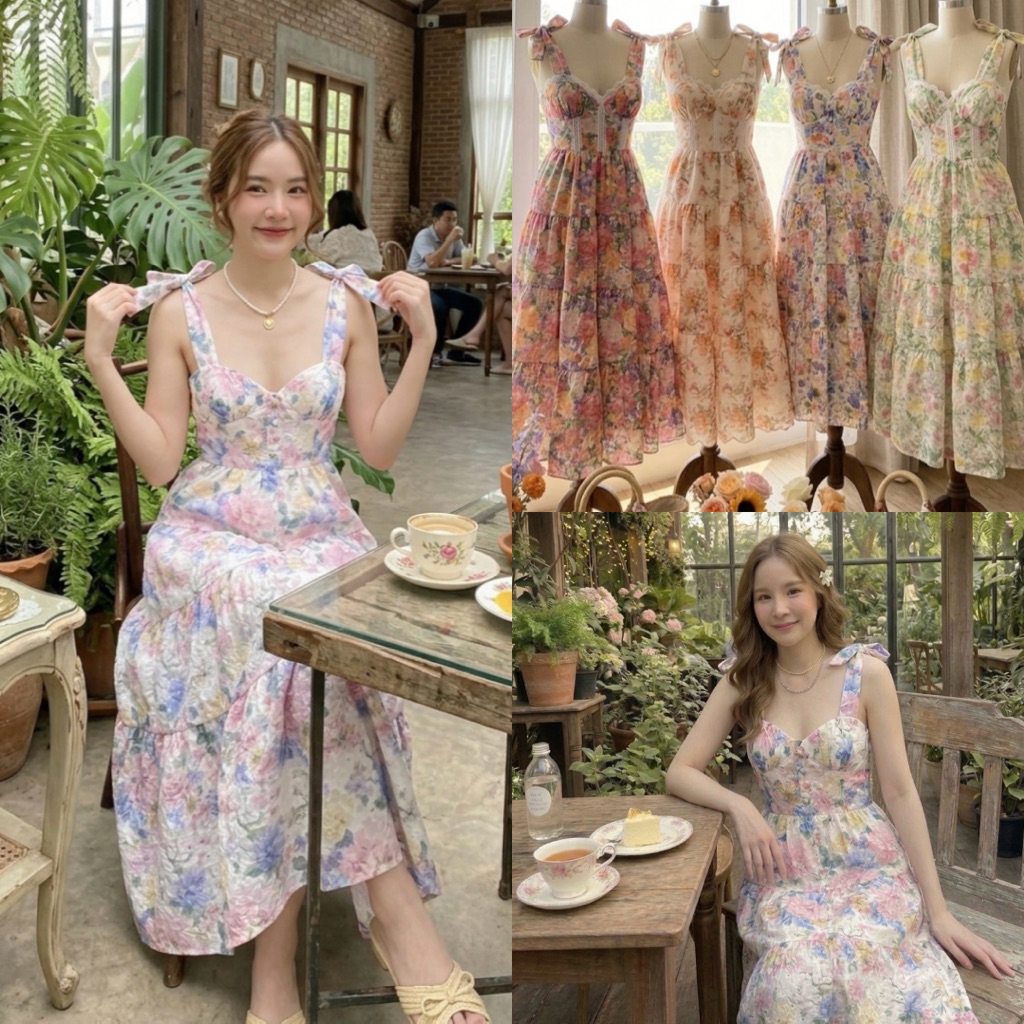 เดรสยาวสายเดี่ยวผ้าคอทตอนฉลุปัก