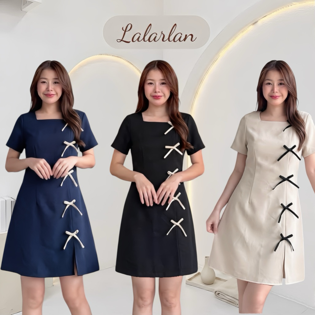 เดรสแขนสั้นติดโบว์ Ribbon Dress