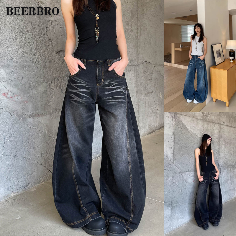 beerbroth-กางเกงยีนส์สีดำชาย ทรงหลวมโค้งมนสไตล์อเมริกัน ขากว้าง ซักเฟดแฟชั่นวินเทจM-3XL จัดส่งที่รวดเร็ว