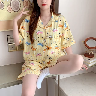 🍒ชุดนอนผู้หญิง บิ๊กไซส์ ผ้าซาตินญี่ปุ่น สไตล์เกาหลี ลายเมฆ แขนสั้นขาสั้น ผ้านุ่มลื่น ใส่สบาย ส่งด่วน