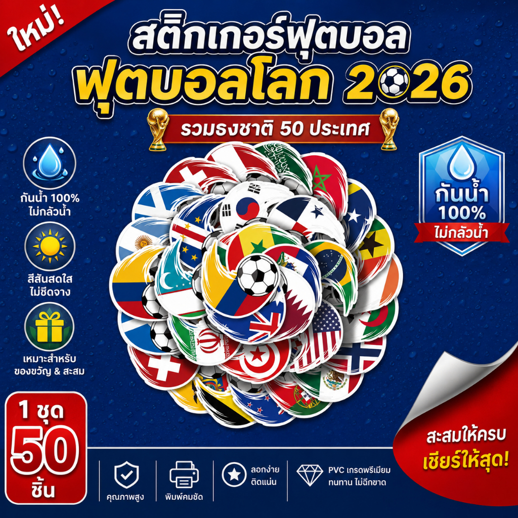 50PCS 2026 สติกเกอร์ฟุตบอล, สติกเกอร์ฟุตบอลธงชาติไวนิลกันน้ำสำหรับแล็ปท็อป, กระเป๋าเดินทาง, สเกตบอร์ด, โทรศัพท์, ตู้เย็น