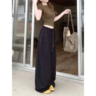[Solid-colored casual pants]เกาหลีรุ่นวินเทจผู้หญิงสบาย ๆ แจ๊สเต้นรำเทรนด์กีฬาขากว้างกางเกง