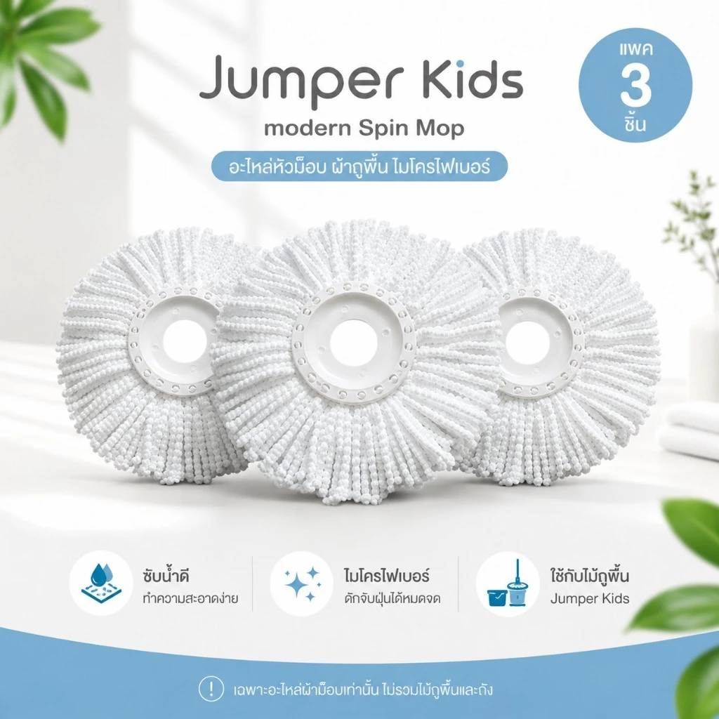 Jumper Kids modern Spin Mop อะไหล่หัวม็อบ ผ้าถูพื้น ไมโครไฟเบอร์ ใช้กับ ไม้ถูพื้น (สีขาว)