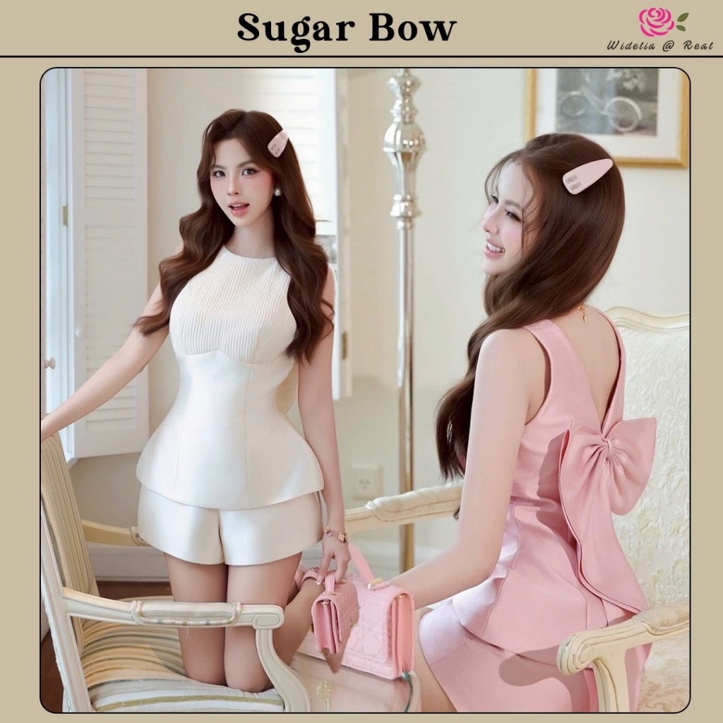 Sugar Bow Set เซ็ตเสื้อแขนกุดกับกางเกงขาสั้น เสื้อช่วงอกเป็นผ้าอัดพลีท ด้านหลังเย็บโบว์ใหญ่ ซิปหลัง กางเกงเอวสูง