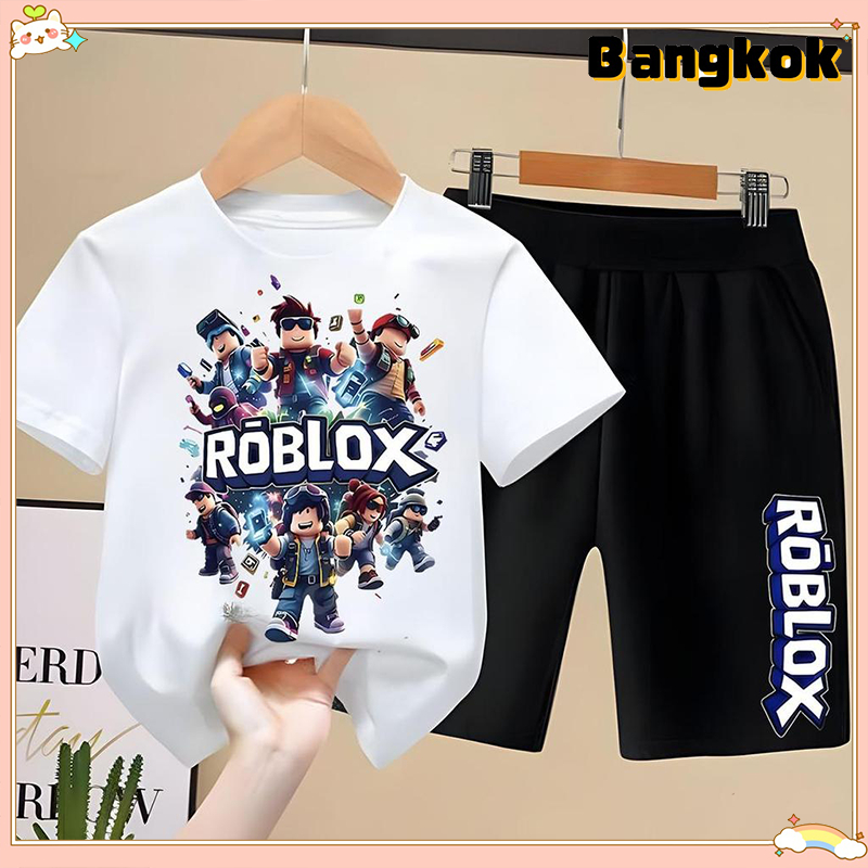 kidsเสื้อยืดเด็ก Robloxเสื้อยืดเด็ก คอตตอน ชุดสูทเด็กผู้ชาย ชุดลำลอง 2 ชิ้น แฟชั่น สำหรับเด็กชายตัวเล็ก ๆ เซ็ตช