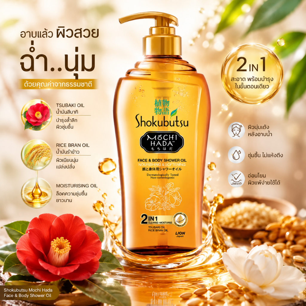 Shokubutsu Mochi Hada’sJapanese  Moisture Body And Shower Oil 525ml ออยอาบน้ำ โชกุบุสซึ