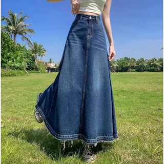 Plus Size~กระโปรงยาว MIDI กระโปรงเอทรง A สูงเอวเดนิม กระโปรงยาวลำลองทรงหลวมแฟชั่นสีน้ำเงินเข้ม กระโปรงสำนักงาน HOT