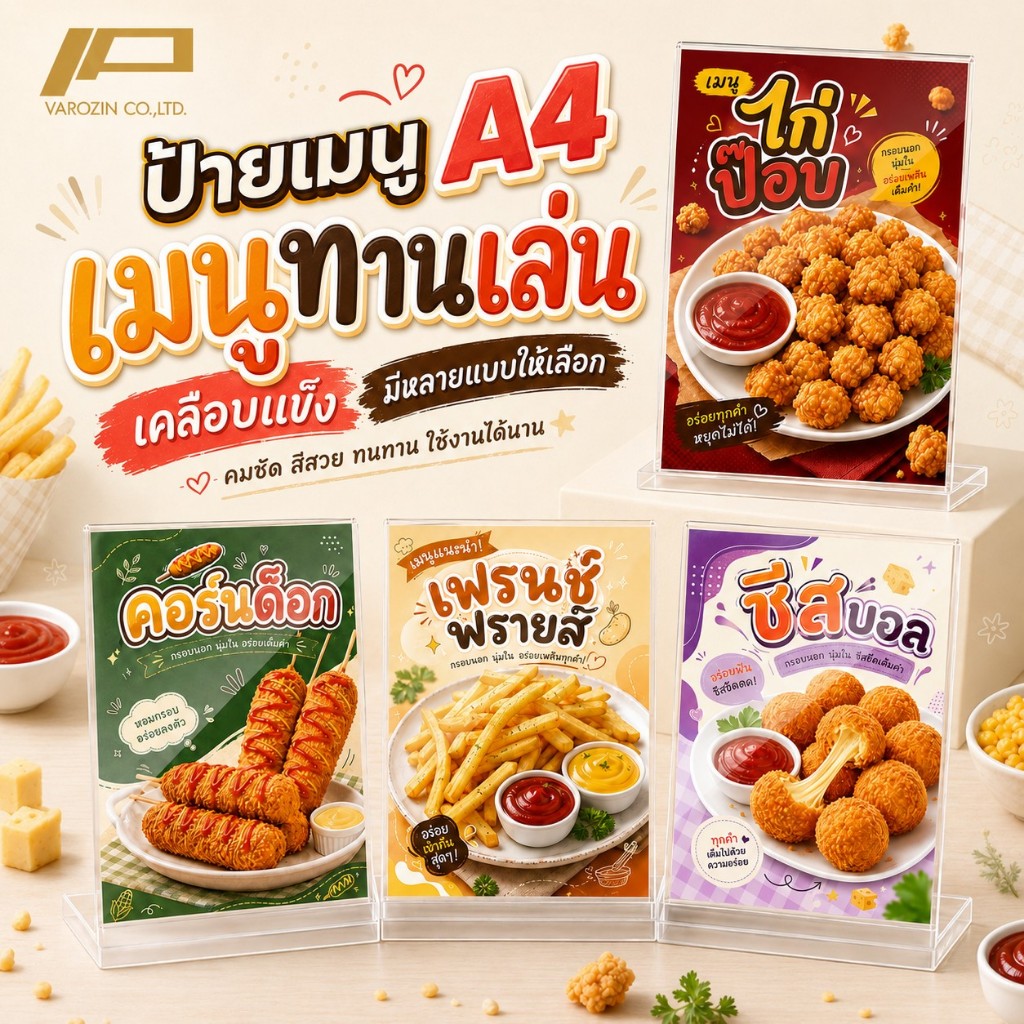 วะรอซีน | ป้ายเมนู A4 เคลือบใสแข็ง เมนูทานเล่น เฟรสช์ฟรายส์ ไก่ป็อป คอร์นด็อก ป้ายร้านอาหาร เมนูทานเล่น