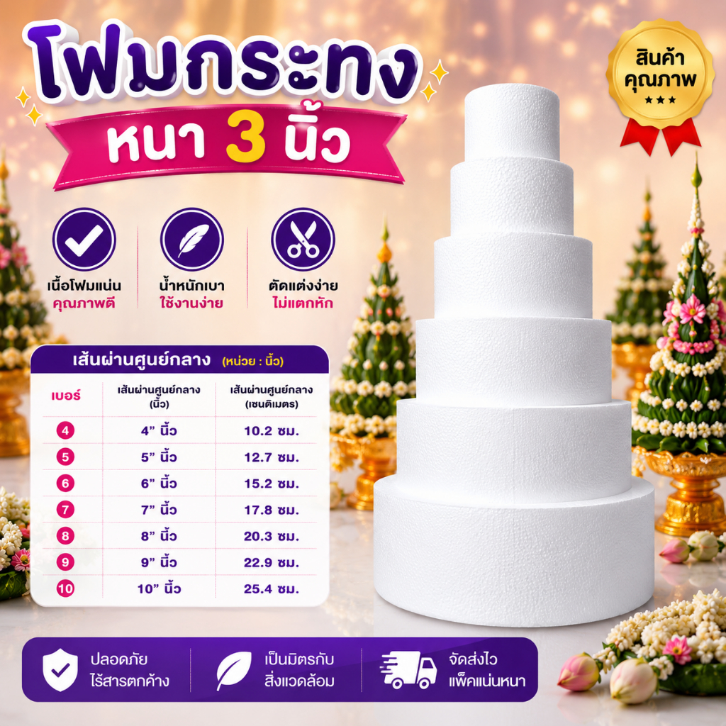 โฟมกระทง หนา 3นิ้ว โฟมบายศรี โฟมกลมแบน โฟมกลม โฟมเค้ก โฟมวงกลม เค้กปลอม โฟมพานพุ่ม โฟมทำบายศรี โฟมทำพาน โฟมพุ่ม โฟมวงกลม