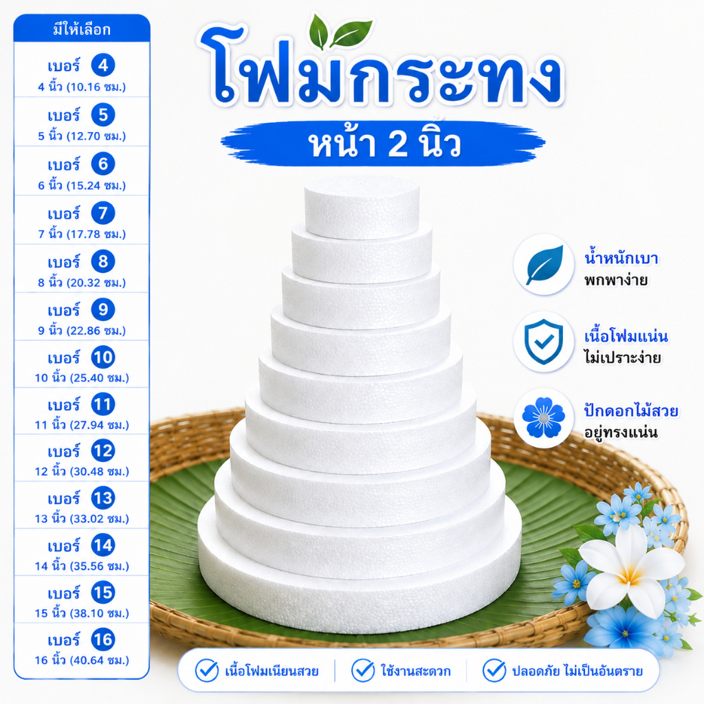 โฟมกระทง หนา 2.5นิ้ว โฟมบายศรี โฟมกลมแบน โฟมกลม โฟมเค้ก โฟมวงกลม เค้กปลอม โฟมพานพุ่ม โฟมทำบายศรี โฟมทำพาน โฟมวงกลม