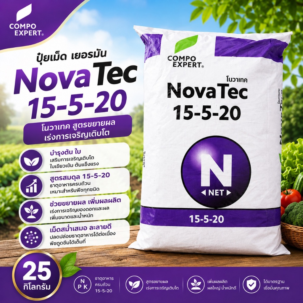 🔥🇩🇪🍈 NovaTec 15-5-20 ปุ๋ยเม็ดเยอรมัน เกรดพรีเมี่ยม สูตรขยายผล เพิ่มคุณภาพผลผลิต (Compo Expert) 25กก.