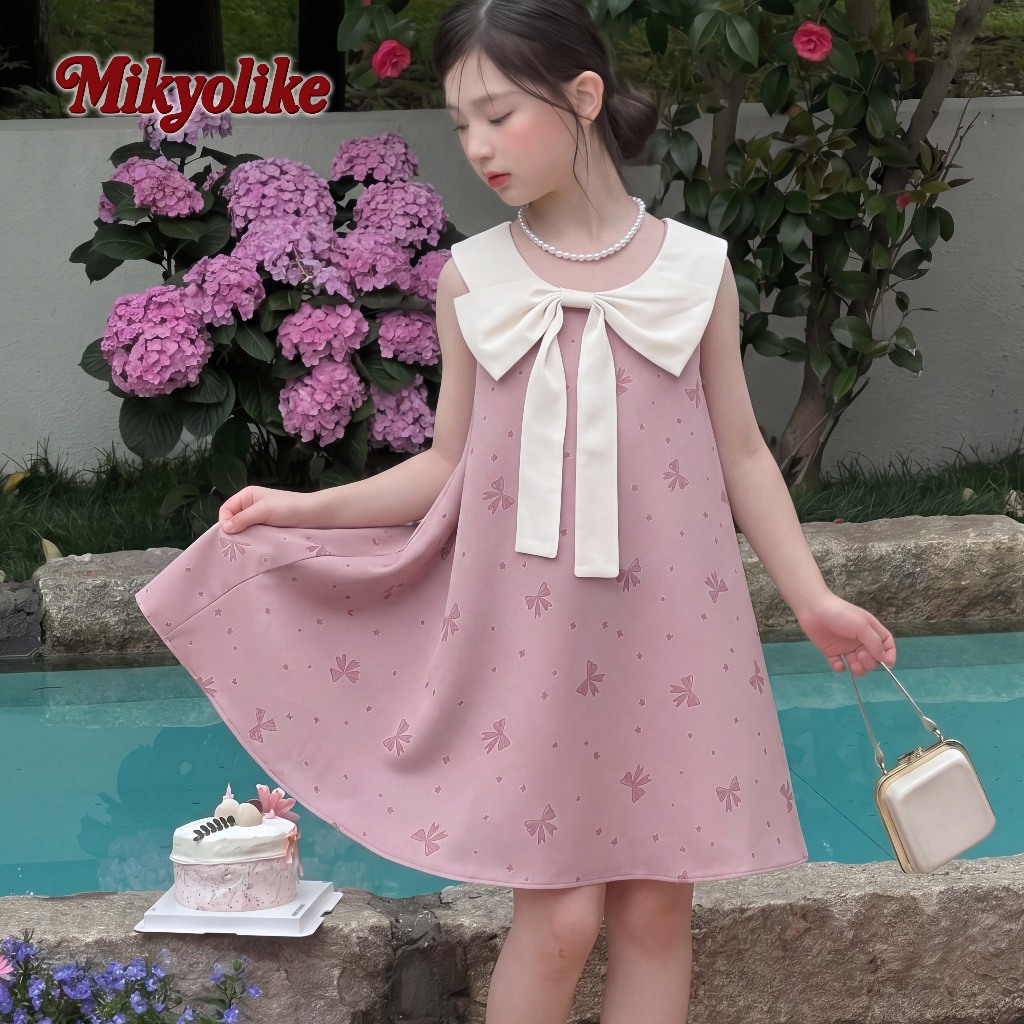 Mikyolike 1-9 ปี ชุดไปทะเลเด็กผู้หญิงโต แขนกุด ประดับด้วยโบว์ กระโปรงพริ้ว ชุดลายจุด เด็กผู้หญิง