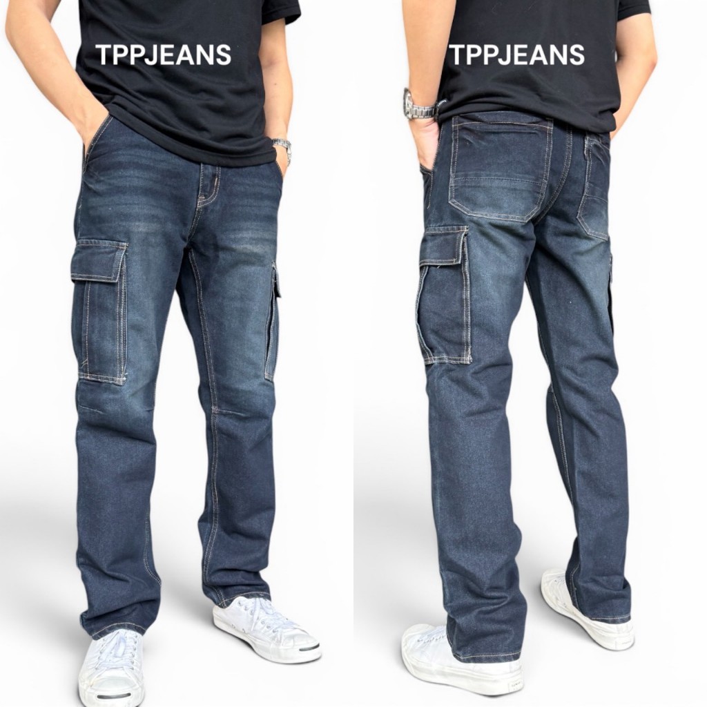 JEANSEXPRESS Cargo Jeans กางเกงยีนส์คาร์โก้ชายสีมิดไนท์บลูฟอก กระเป๋าข้าง เป้าซิป Size 28-36