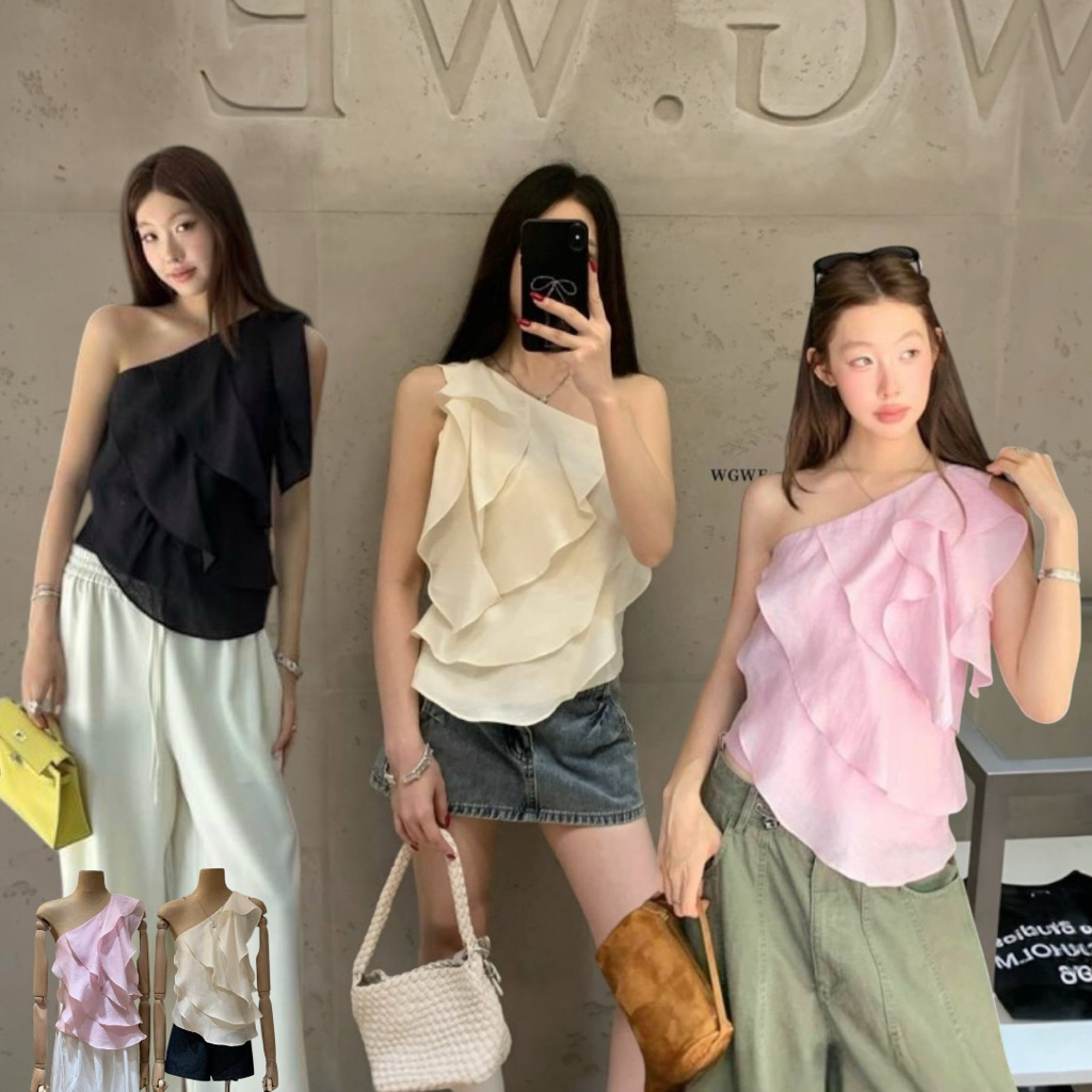 ส่งด่วน 🛵 𝐖𝐆.𝐖𝐄 9396 เสื้อปาดไหล่แขนกุด แต่งระบาย ซิปด้านข้าง