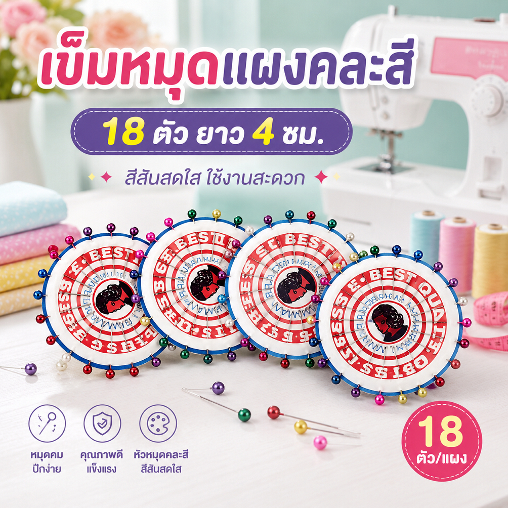เข็มหมุดแบบแผง คละสี 18 ตัว ยาว 4 ซม. เข็มหมุด