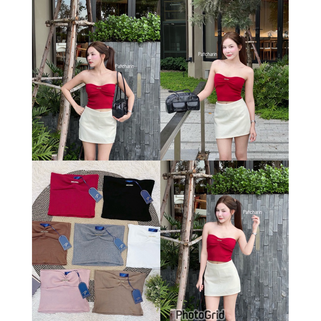 Mabelle   เสื้อเกาะอกผ้าร่องจีบอก แต่งอาไหล่