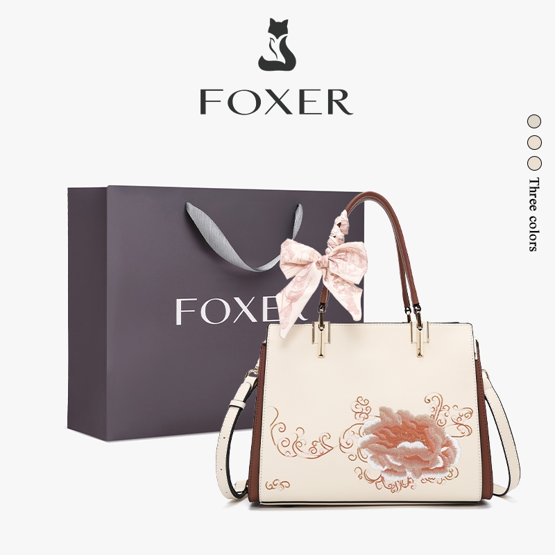 FOXER สไตล์จีนใหม่กระเป๋าถือหนังแท้ กระเป๋าผู้หญิงสุดหรูและคุณภาพสูง ลายดอกไม้ มีดอกไม้ให้เลือก3ชนิด