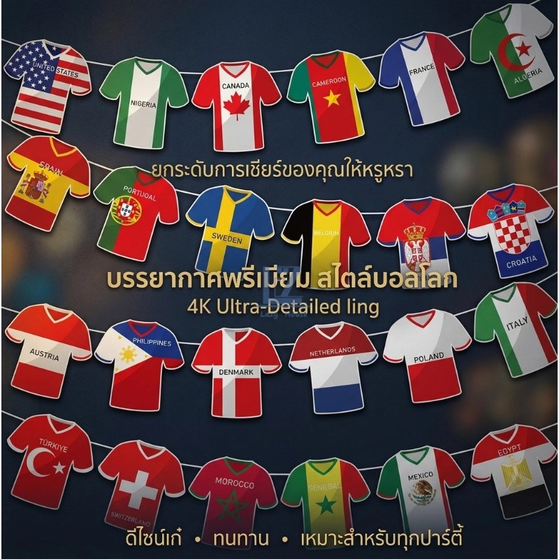 【พร้อมสต็อก|ส่งจากกทม】ธงแขวนฟุตบอลโลก 24 ทีม ลายเสื้อทีมชาติ สำหรับตกแต่งบาร์ ปาร์ตี้