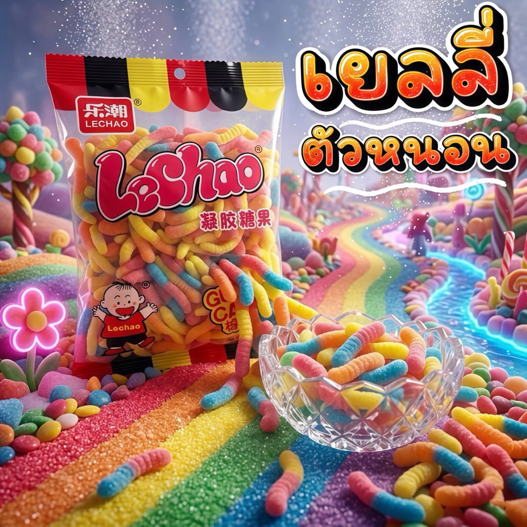 เยลลี่ตัวหนอน Lechao เปรี้ยวอมหวาน เคี้ยวหนึบหนับ เคี้ยวเพลินทุกคำ อร่อยเกินต้านสุดๆ