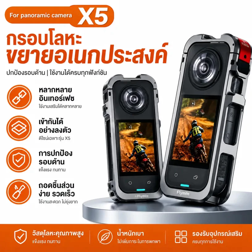 เคสป้องกันแบบกรงสำหรับกล้อง Insta360 X5 แม่พิมพ์ดั้งเดิมที่ออกแบบมาโดยเฉพาะสำหรับ X5 ฝาปิดเลนส์ กรอบอลูมิเนียมอัลลอยด์