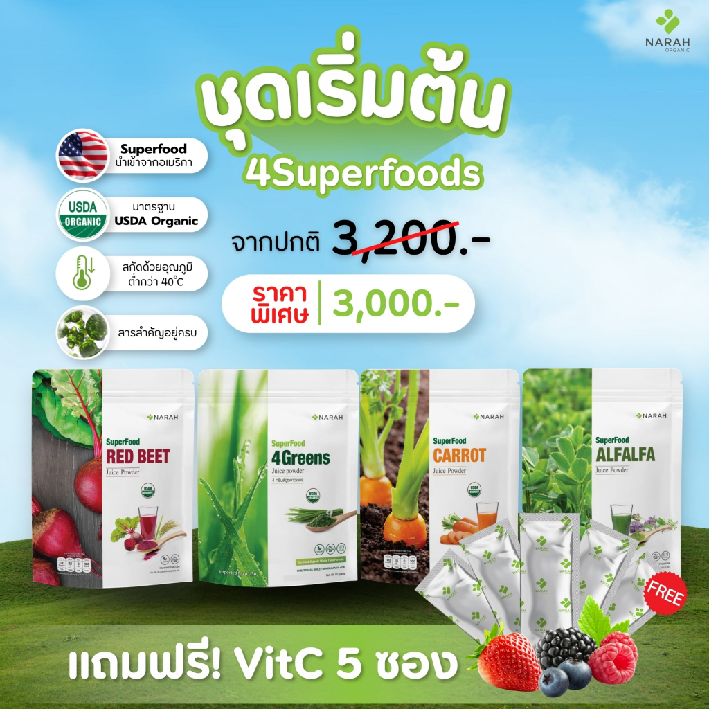 NARAH 101 ชุดเริ่มต้นขายดี! 4 ชิ้น Superfoods (4Greens+RedBeet+Carrot+Alfalfa) แถมฟรี Traveling Pack 5 ชิ้น
