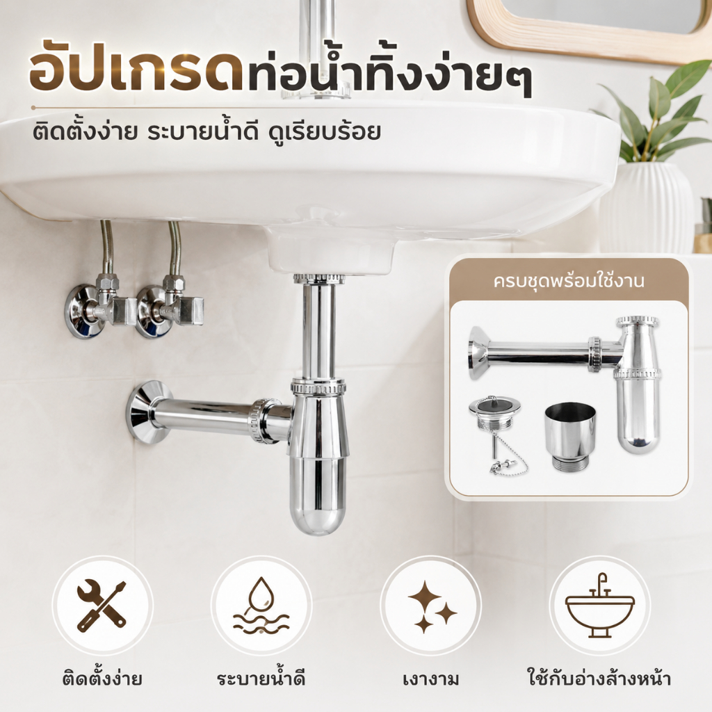 GRACEท่อน้ำทิ้งอ่างล้างจาน พลาสติกชุบโครเมี่ยม คุณภาพดี ติดตั้งง่าย ทนต่อการกัดกร่อน