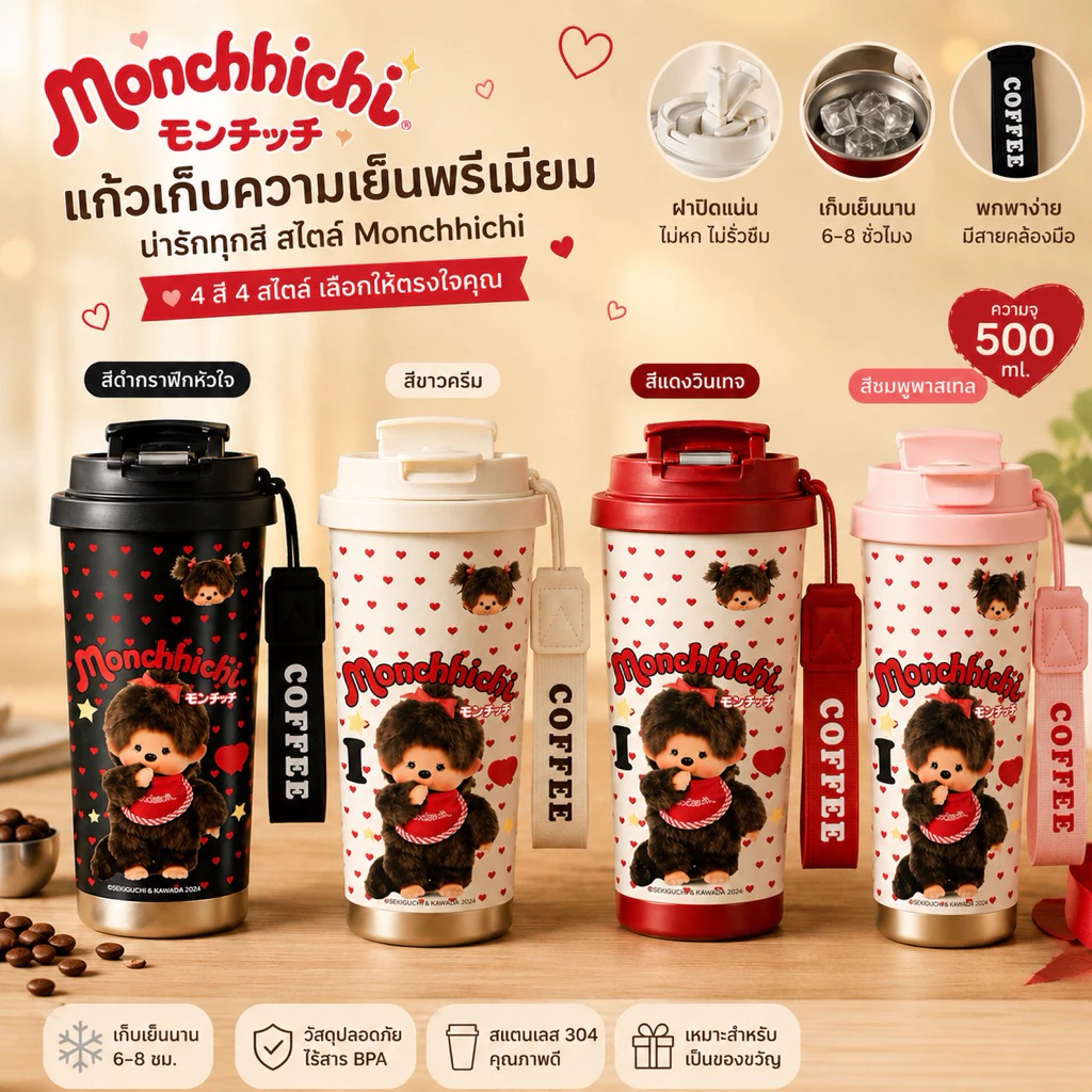 แก้วน้ำสแตนเลสMonchhichi 530ml. กระบอกน้ำเก็บอุณหภูมิพร้อมสายคล้อง กระติกน้ำหลอดเด้ง ลายมอนชิชิ กระติกน้ำสแตนเลสแก้วกาแฟ