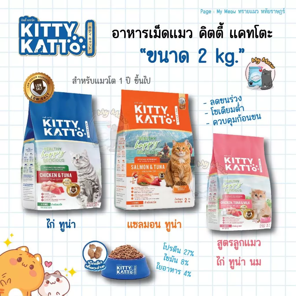[ขนาด 2 kg.] KITTY KATTO คิตตี้ แคทโตะ อาหารเม็ด แมวเด็ก แมวโตโต รสไก่ ทูน่า และรสแซลมอน ทูน่า