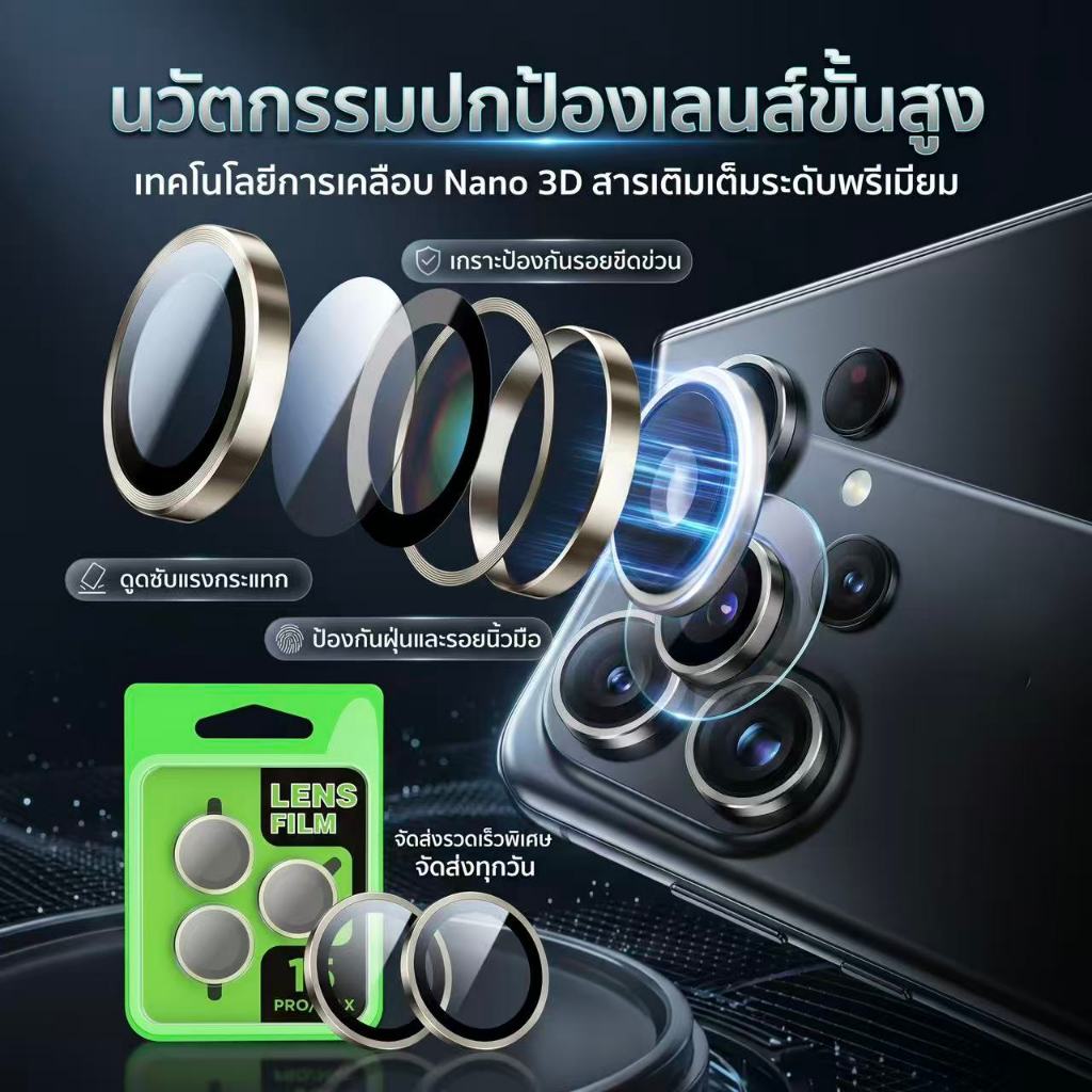 ฟิล์มเลนส์กล้องแบบใหม่ แบบมีบล๊อก ติดง่าย แค่วาง สำหรับ SAMSUNG A05 A06 A07 A56 A26 A36 S26 S25 S24 S26UTLRA A35 A55