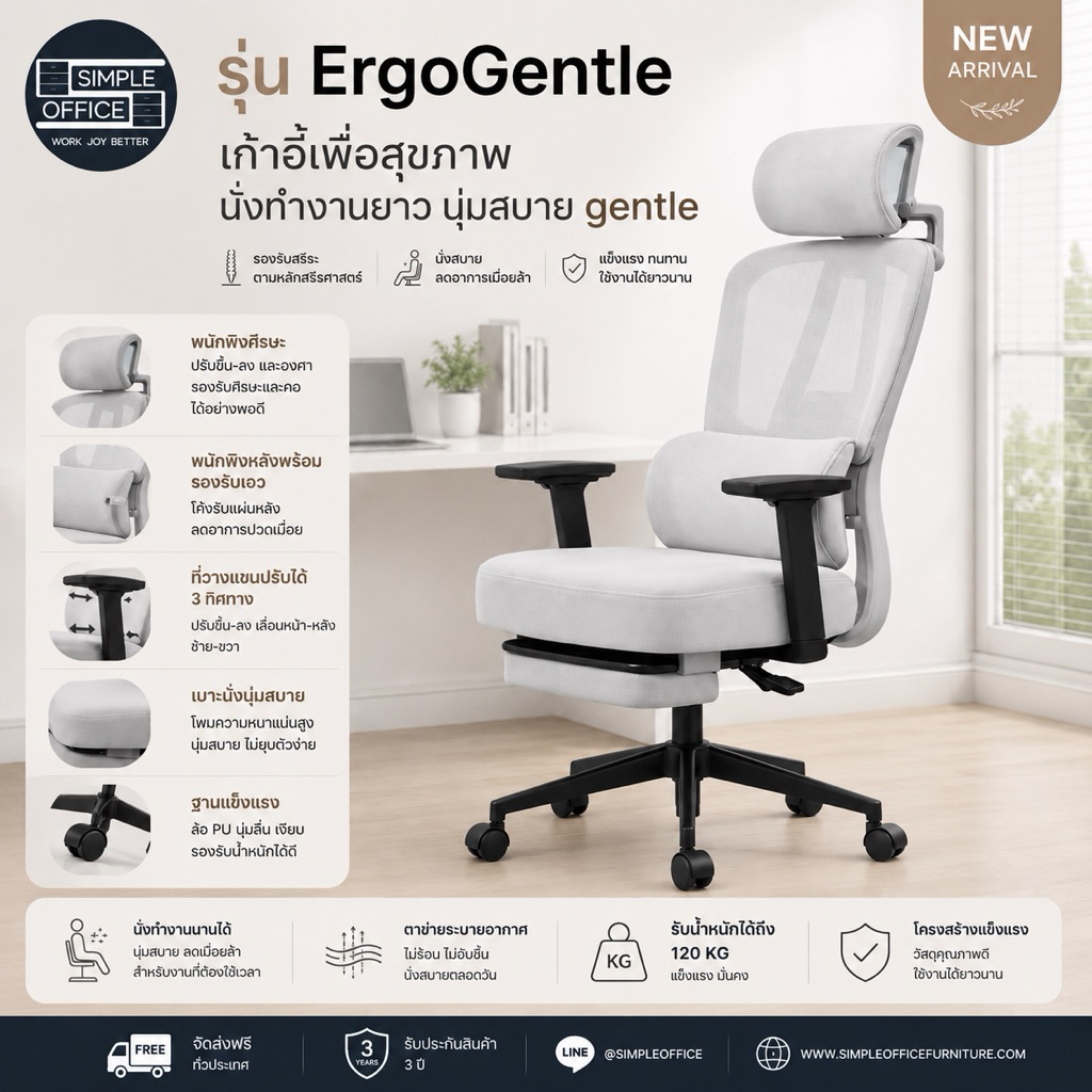 รุ่น Ergo Gentle 10 รุ่น เก้าอี้เพื่อสุขภาพ ตัวเองสายทำงานยาว นุ่มแบบธรรมชาติ เก้าอี้ทำงาน เก้าอี้คอม เก้าอี้ออฟฟิศ