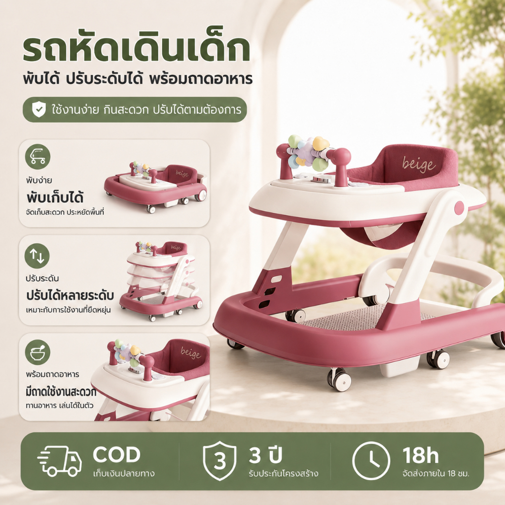 Beige รถหัดเดินเด็ก รถหัดเดิน พร้อมโหมดจานอาหาร พับได้ ปรับระดับความสูงได้ แสงดนตรี เหมาะสําหรับ 6-18 เดือน