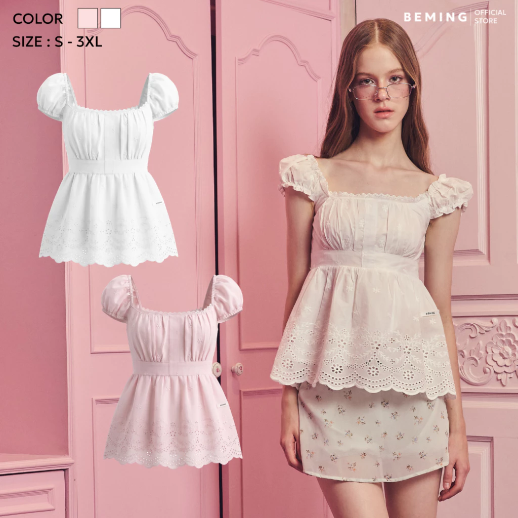 Bemingtop1192(S-3XL) - Dolly Top - เสื้อทรง babydoll ดีไซน์แขนตุ๊กตาสามารถใส่ได้ 2 แบบช่วงชายเสื้อแต่งลายฉลุ