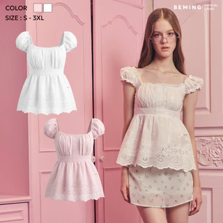 Bemingtop1192(S-3XL) - Dolly Top - เสื้อทรง babydoll ดีไซน์แขนตุ๊กตาสามารถใส่ได้ 2 แบบช่วงชายเสื้อแต่งลายฉลุ