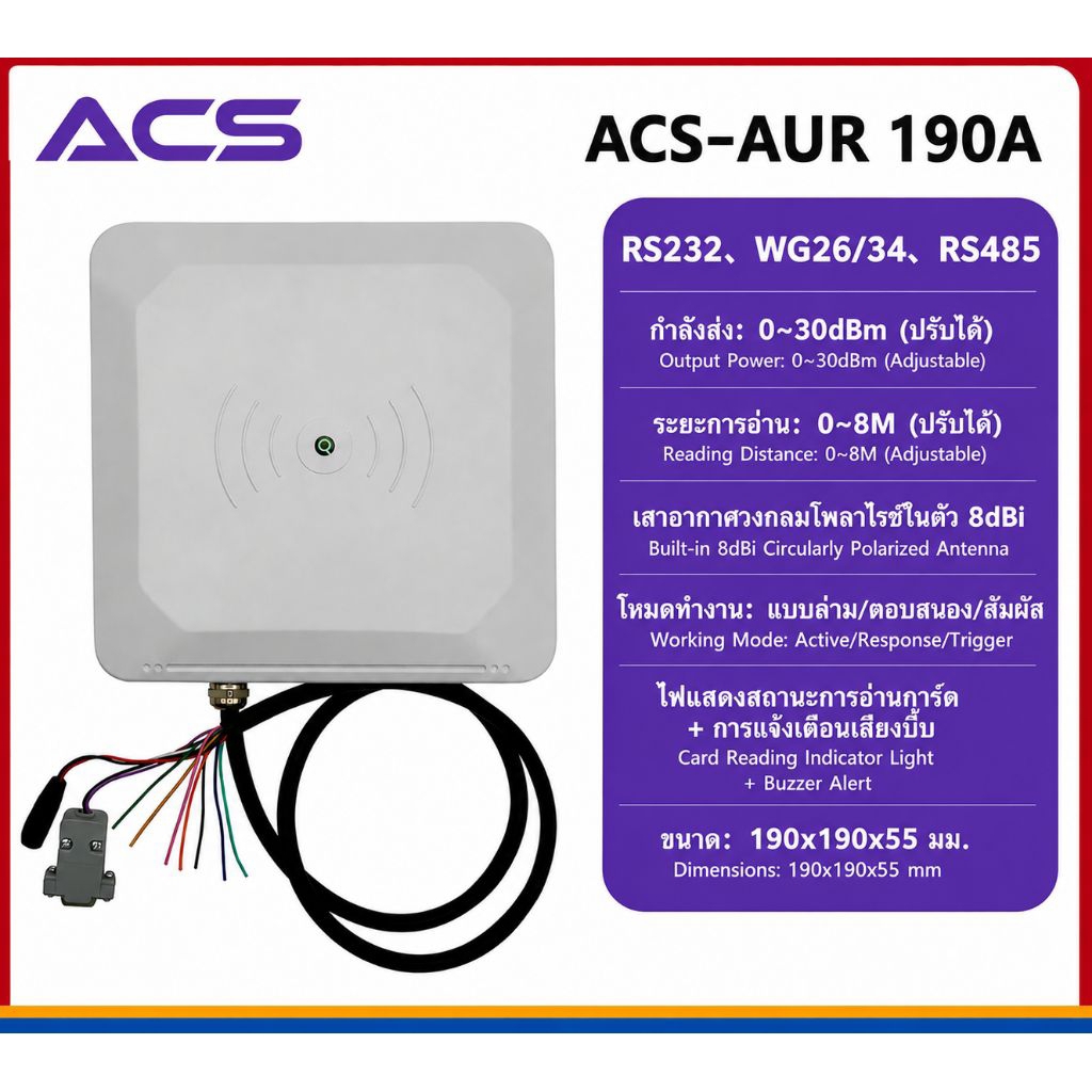 ACS-AUR190A UHF Long Range Readerหัวอ่านบัตรระยะไกล UHF สำหรับระบบไม้กั้นรถยนต์ และ Access Control


