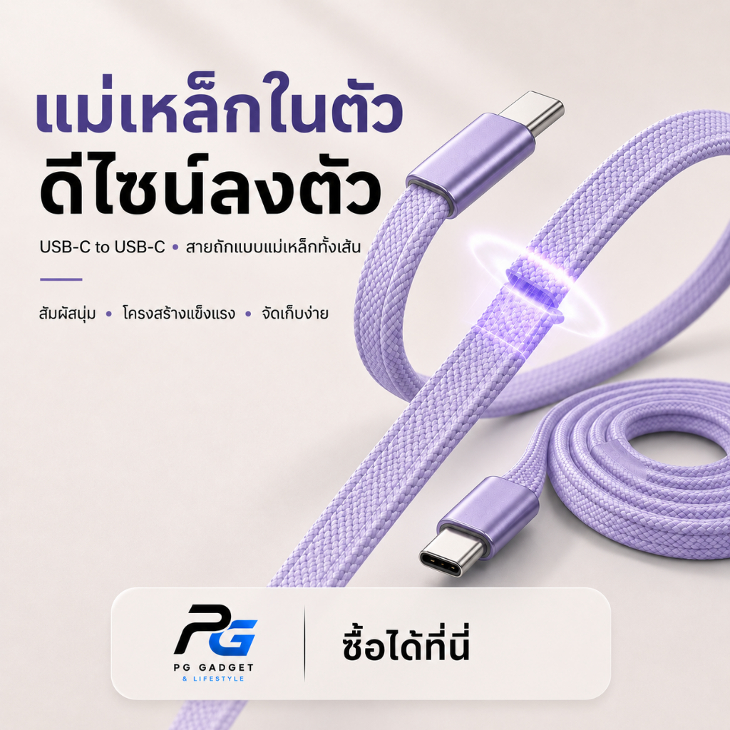 iwill สายชาร์จแม่เหล็ก USB-C to USB-C ดูดติดอัตโนมัติ สีม่วงพาสเทล Aesthetic Fast Charge 60W