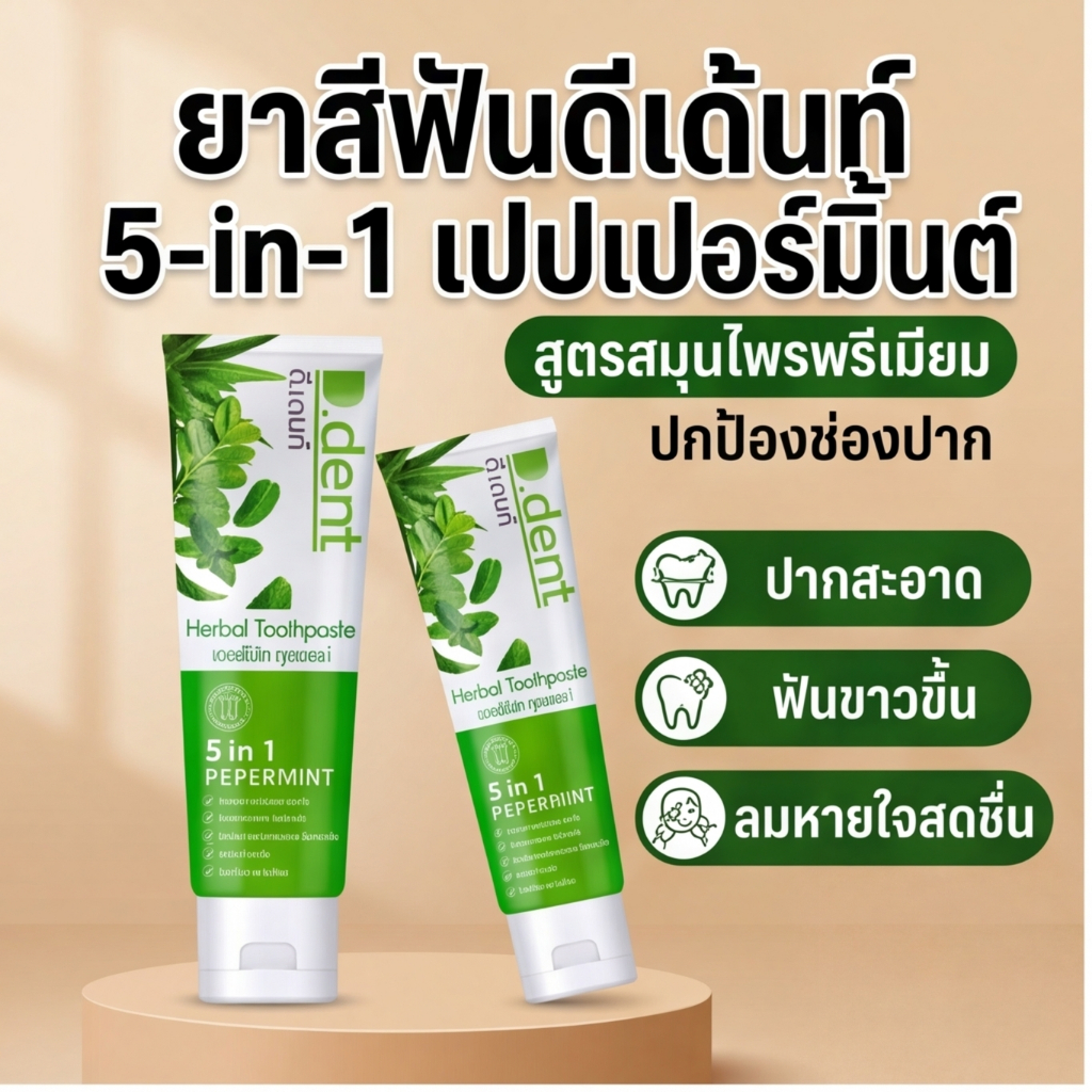 D.Dent ยาสีฟัน ดี.เด้นท์ สมุนไพรแท้100% ชนิด 5in1 Peppermint ลมหายใจหอม สดชื่น ลดกลิ่นปาก ฟันขาวสะอาด