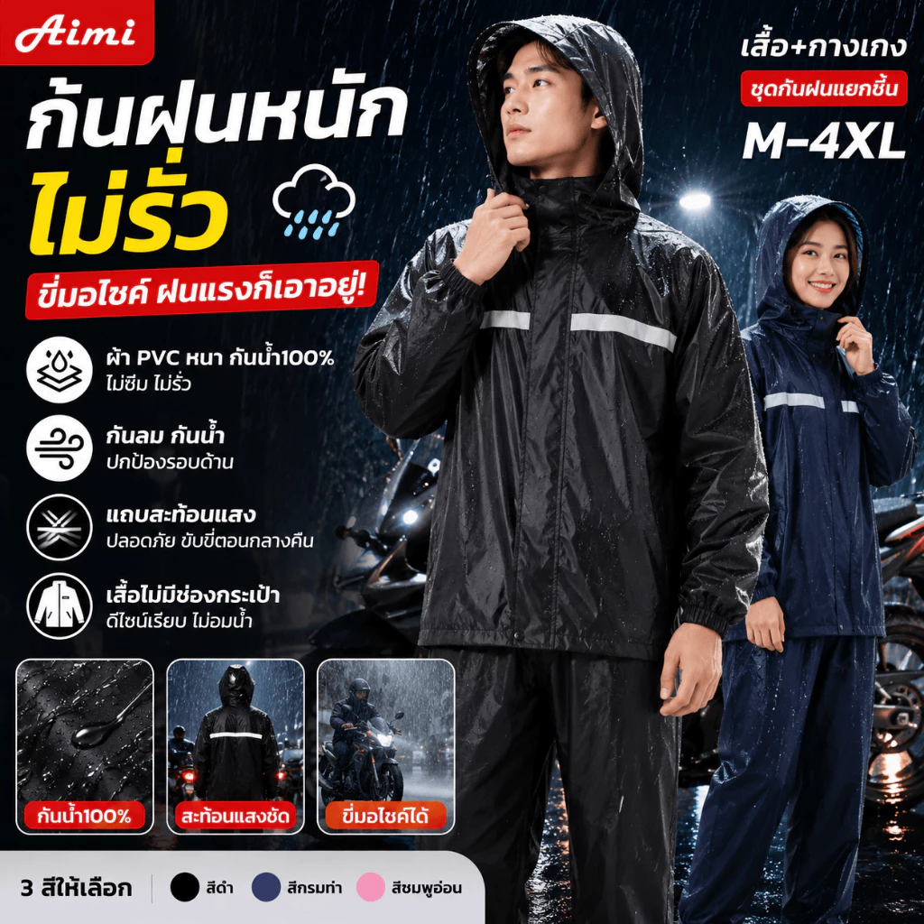 Aimi เสื้อกันฝนขี่มอไซค์ รุ่นหนา แยกชิ้น มีแถบสะท้อนแสง M-4XL
