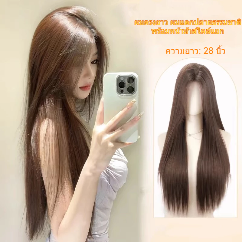 70 ซม.วิกผมผู้หญิ วิกผมตรงผมยาว สีน้ำตาลอ่อน/วิกผมยาวตรงสีดำแบบครอบหัว ดูธรรมชาติ สังเคราะห์ วิกผมคอสเพลย์ คุณภาพสูง