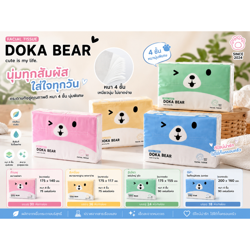 ✨ZY✨ทิชชู่พรีเมียม DOKA BEAR หนานุ่ม ซับน้ำดีเยี่ยม กระดาษทิชชู่เช็ดหน้า ลายน้องหมีสุดน่ารัก แพ็คเกจสีสันสดใส