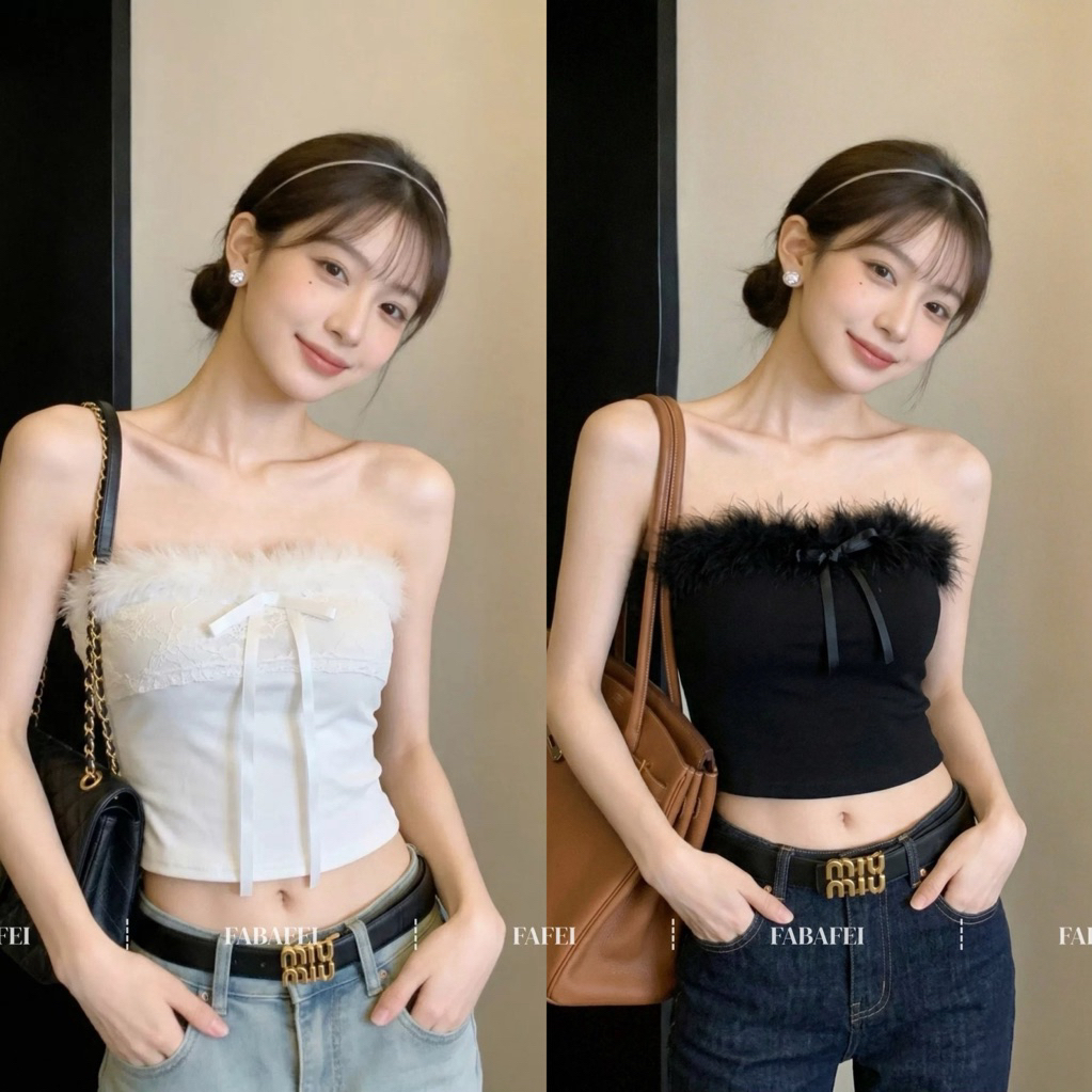 CHERISH (พร้อมส่ง) เสื้อเกาะอก แต่งลูกไม้ แต่งขนมิ้ง มีสม็อค มีฟองน้ำในตัว สีขาวดำ