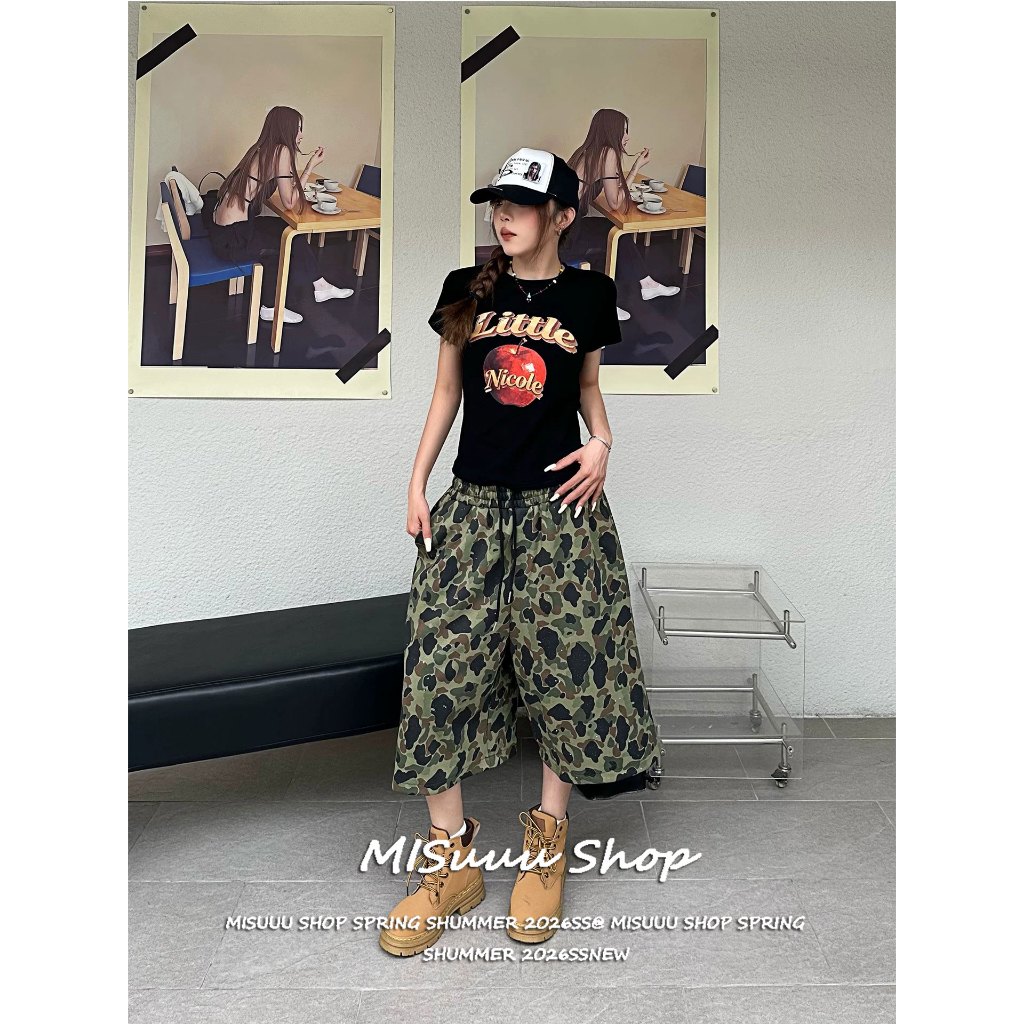 [Misuuu--Camouflage Seven-point Pants]สไตล์สตรีทแฟชั่นกางเกงครึ่งขายาวลายพรางหลวมสปอร์ตขากว้าง