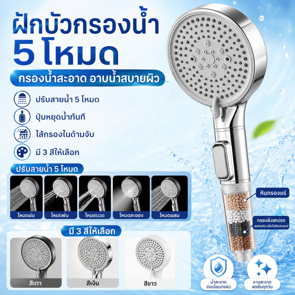 [รับประกัน 5 ป]ฝักบัวกรองน้ำ เพิ่มแรงดันน้ำ 3000% การปรับ5ระดับ ชุดฝักบัวอาบน้ำ ไม่มีสนิม ฝักบัวอาบน้ำ rain shower