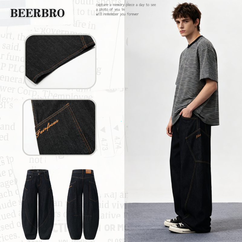 beerbroth กางเกงยีนส์ผู้ชาย ขากว้างแบบวินเทจ สไตล์baggy งานปักอันประณีตบนกระเป๋าขนาดใหญ่ทั้งสองข้าง