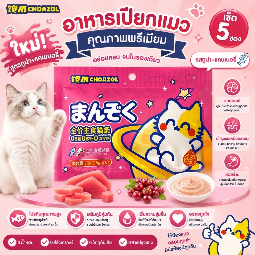 [ลดราคาพิเศษ] 🐈🐕 อาหารแมวเเบบซอง CHOAZOL สารอาหารครบ มีประโยชน์ ทานได้ทุกวัน พร้อมส่งค่ะ