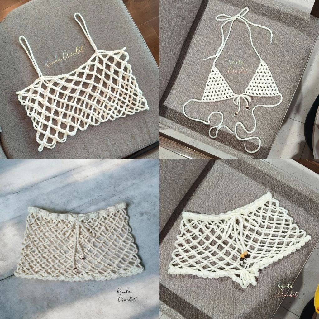เสื้อสายเดี่ยวตาข่ายถักโครเชต์ (จัดส่งภายใน2วัน) crochet mesh top 100% handmade