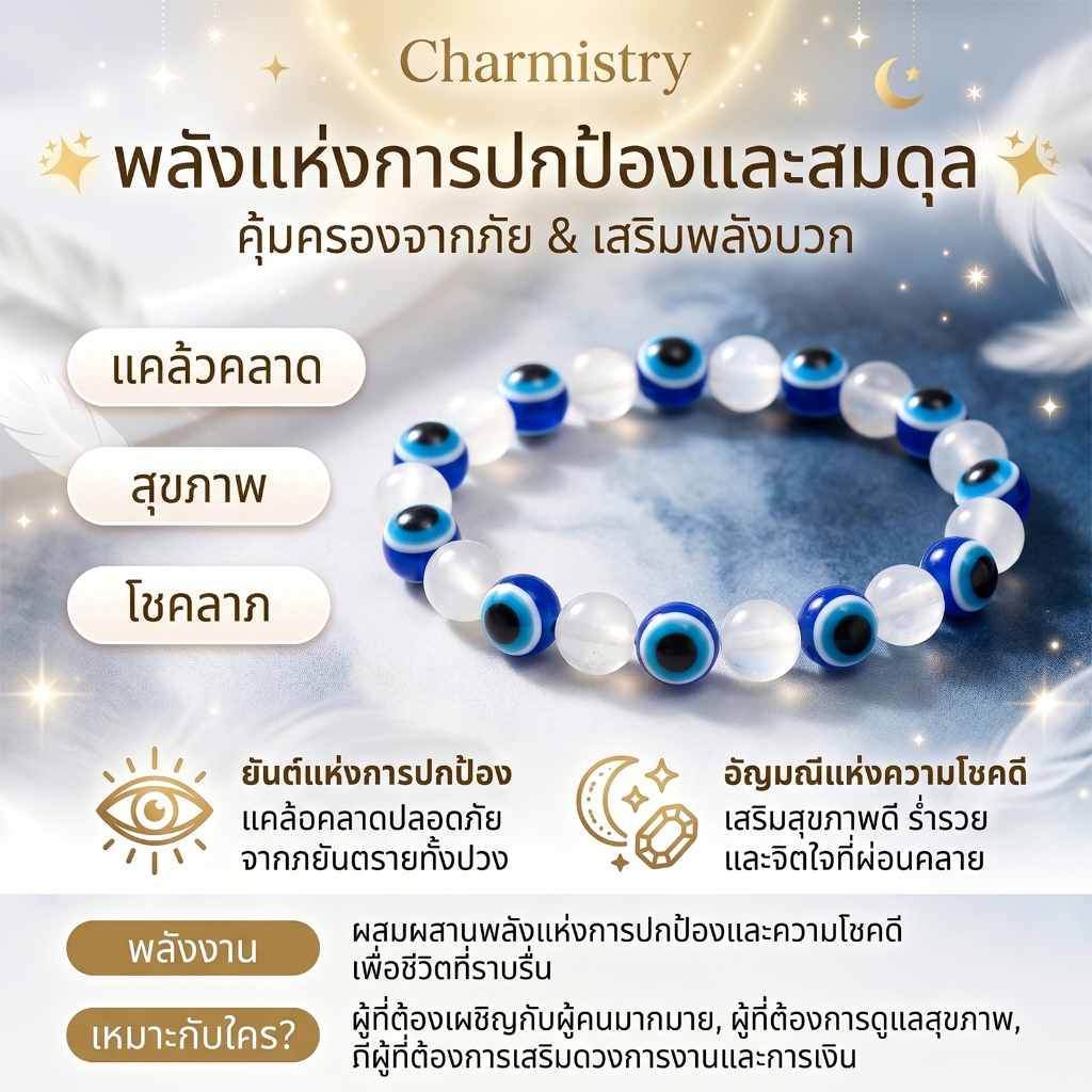 Charmistry-กำไลข้อมือ Evil Eye สีฟ้า สะท้อนกลับพลังลบ ป้องกันภัย อันตราย สายมูต้องมี(มีกล่องของขวัญ)