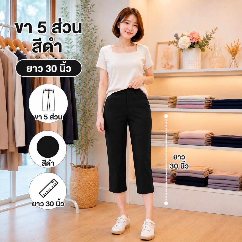 กางเกง 5 ส่วน ผ้าโรเชฟยืด ซิปหน้า ตอกตะขอ ทรงกระบอกเล็ก
