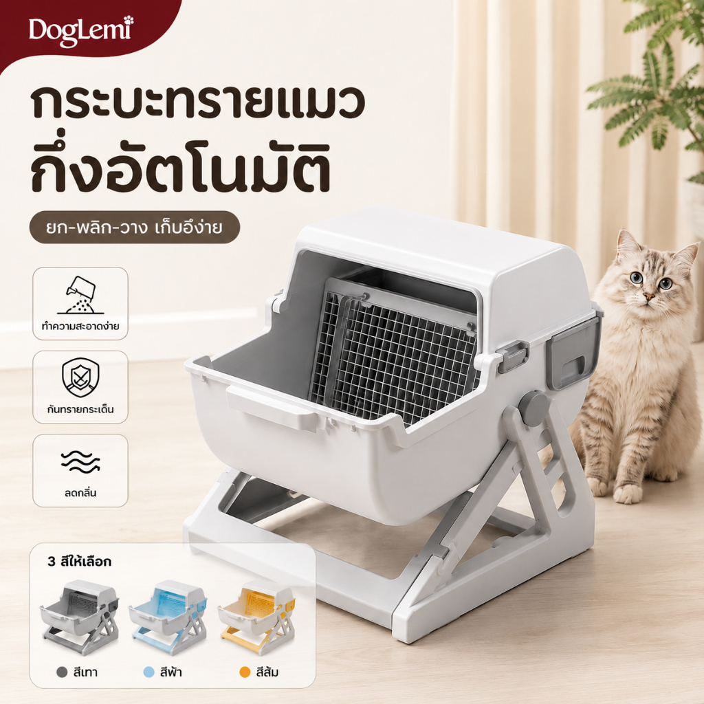 【Doglemi】 กระบะทรายแมวขนาดใหญ่ กึ่งอัตโนมัติ ไม่ต้องตักทราย ลดกลิ่น กันทรายกระเด็น รองรับแมวอ้วน/หลายตัว ทำความสะอาดง่าย