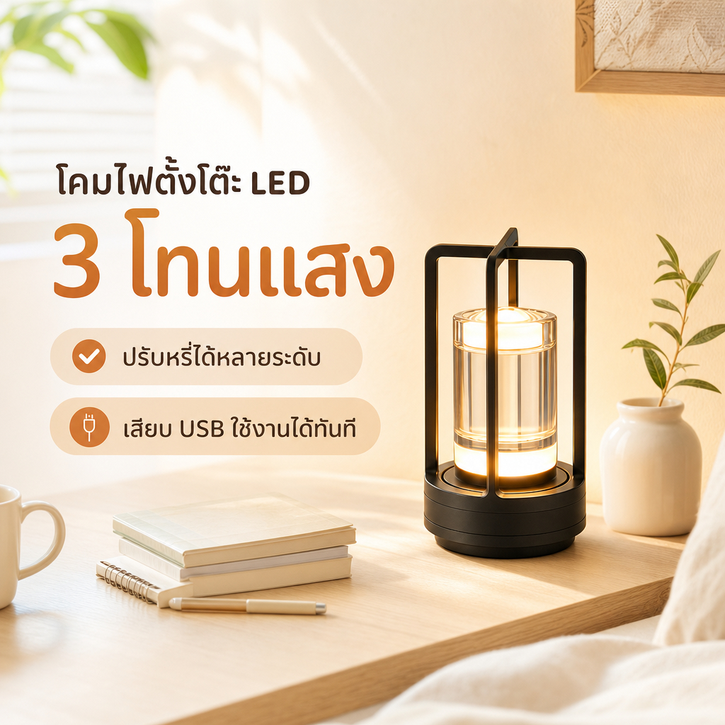 🎨🎨โคมไฟตั้งโต๊ะ LED ดีไซน์มินิมอล ปรับแสงสัมผัสได้ 3 โทน ชาร์จ USB สำหรับห้องนอนและโต๊ะทำงาน